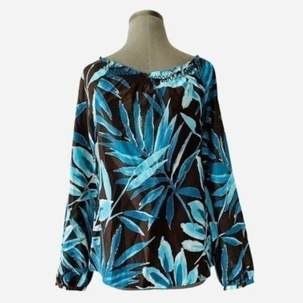 Tommy Bahama Silk Cotton Off Shoulder Blouse XXS Blue Brown Plants Top $138 NWT - Picture 7 of 11
